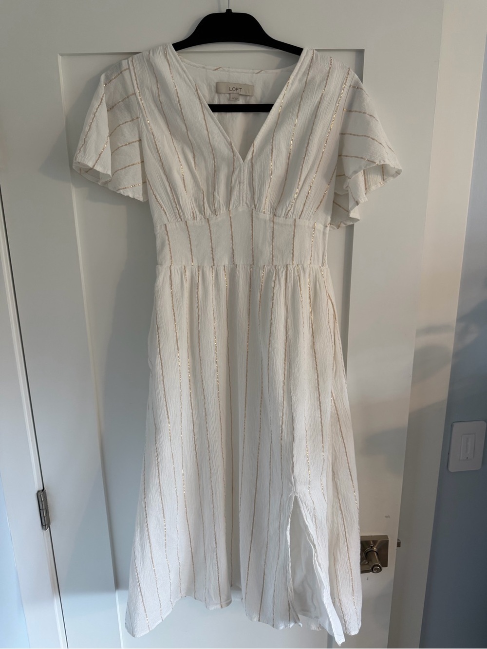 LOFT White V-Neck Midi Dress with gold Stripe Size XS